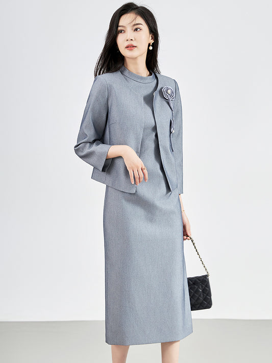 AutumnElegant Dresses for Women Designer Full Sleeve Short Jacket Top+Short Sleeve Dress 2 Piece Suit Yellow Vestidos