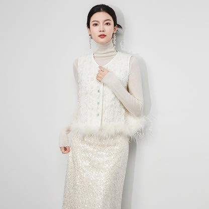 Elegant Fashion Vests Coats For Women Autumn Winter Sleeveless Jacket Short Coat Woolen Tweed Patchwork Feathers Woman Vest Slim