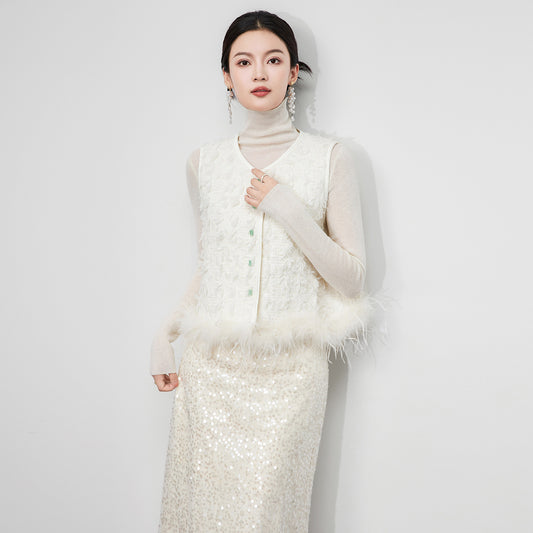 Elegant Fashion Vests Coats For Women Autumn Winter Sleeveless Jacket Short Coat Woolen Tweed Patchwork Feathers Woman Vest Slim