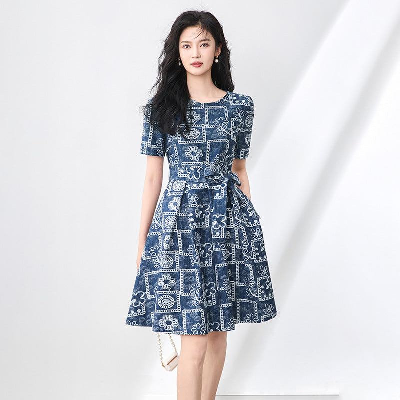 Elegant Printed Embroidered Mini Dress Women's Summer New Style Slimming Waist Cinched Short Sleeve Round Neck Dress