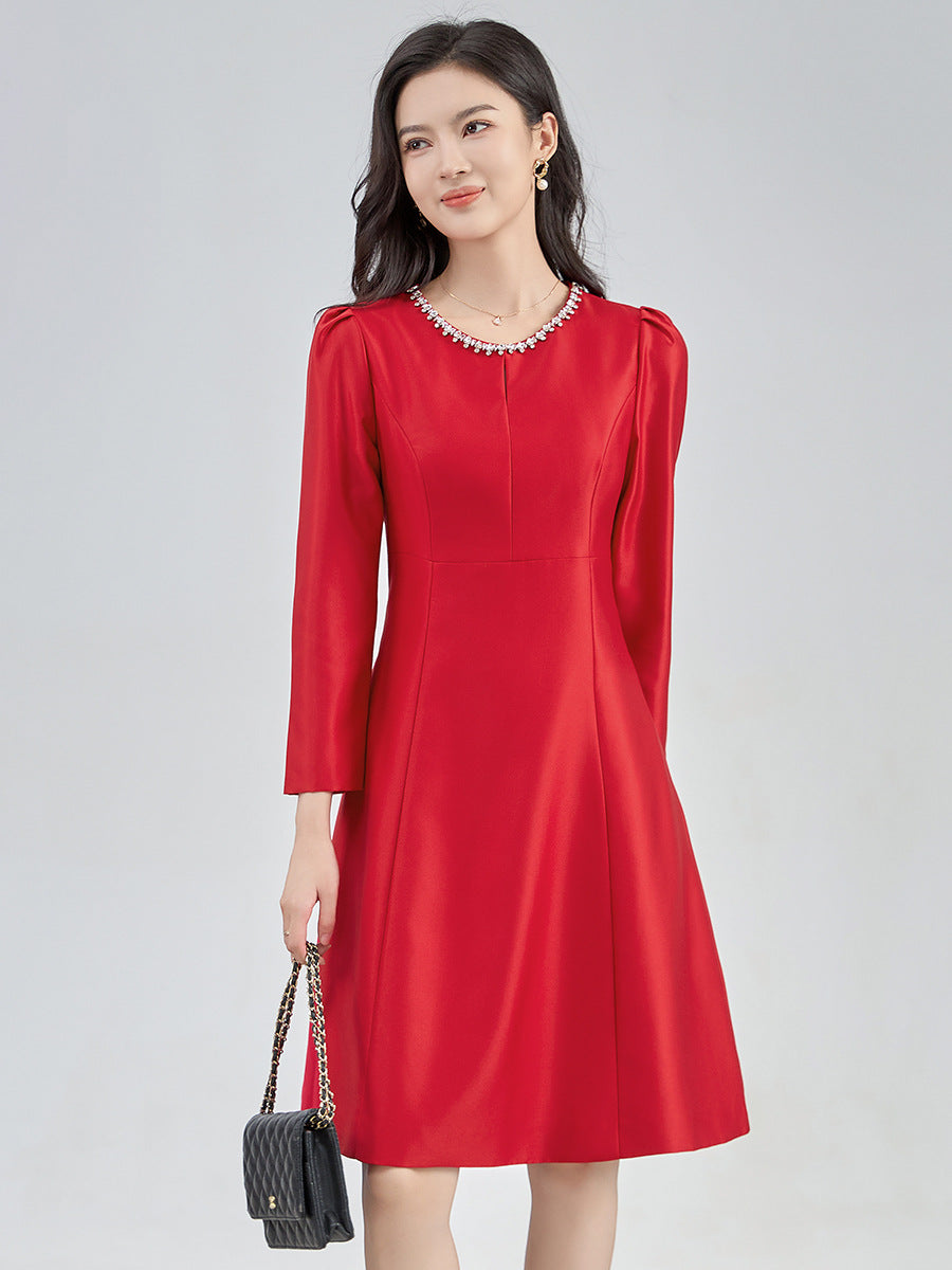 French Elegant Temperament Socialite Diamond Round Neck Long Sleeve High Waist Slim A-line Evening Party Dress for Women Autumn
