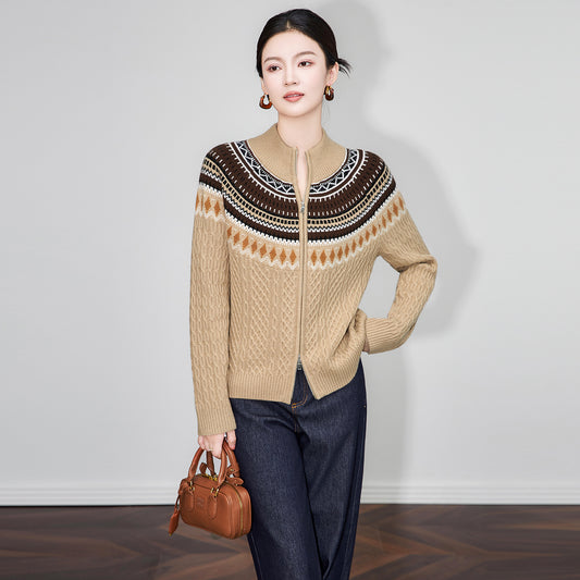 Soft Skin-friendly Full Wool Knitted Sweater Coat Women's Autumn Fashion Island Stripe Twisted Knit Open Cardigan Coat