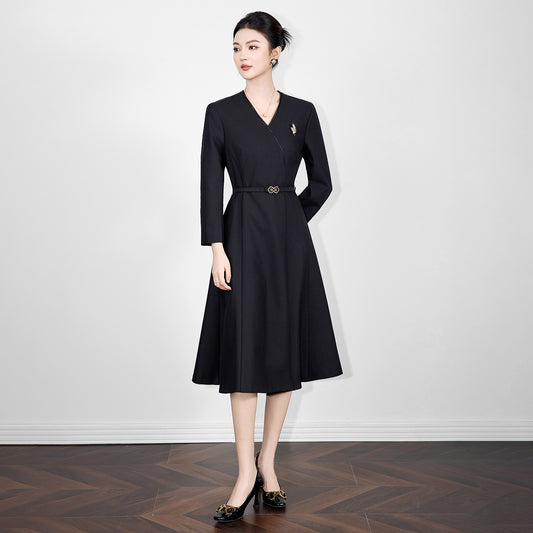 Elegant Commuter Office Lady Business Dresses V-neck Long Sleeve High Waist Belt Slim A-line Elegant Evening Dress