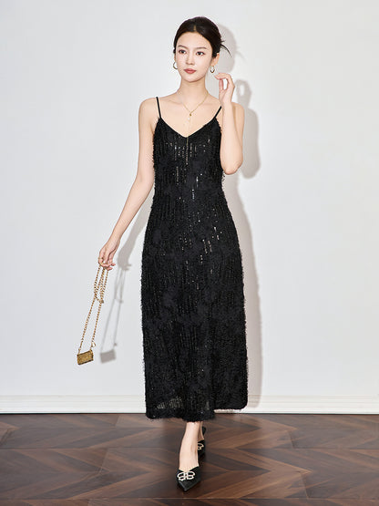 Shiny Sequin Summer Halter Dress Elegant Spicy Girl Slimming Midi Dress Sexy Gown Short Women V-neck Sleeveless Chinese Origin