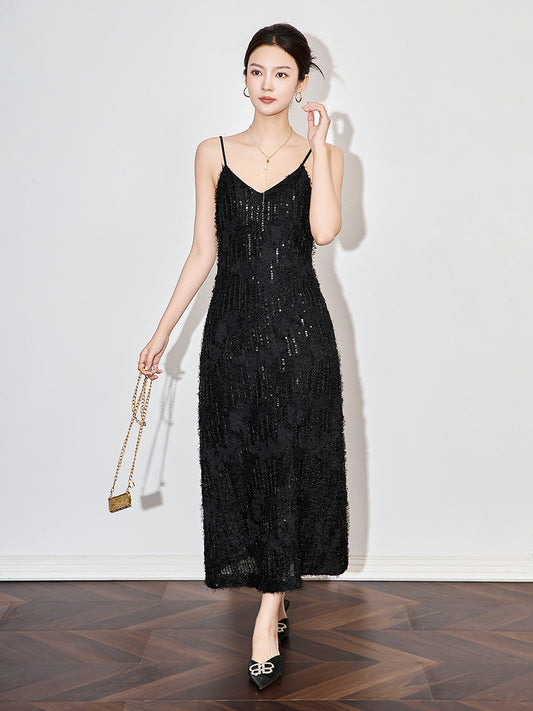Shiny Sequin Summer Halter Dress Elegant Spicy Girl Slimming Midi Dress Sexy Gown Short Women V-neck Sleeveless Chinese Origin