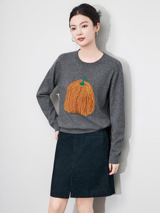 Women's Sweater Fashion Casual Pumpkin Embroidery Long Sleeve Loose Knit Tops Fall Winter