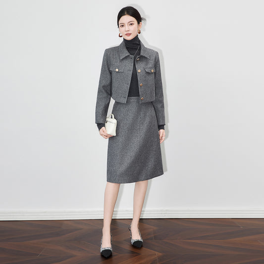 Woolen Coat And Mini Skirt Set for Women Autumn Winter Elegant Two-Piece Suit Horizontal Stripe Pattern