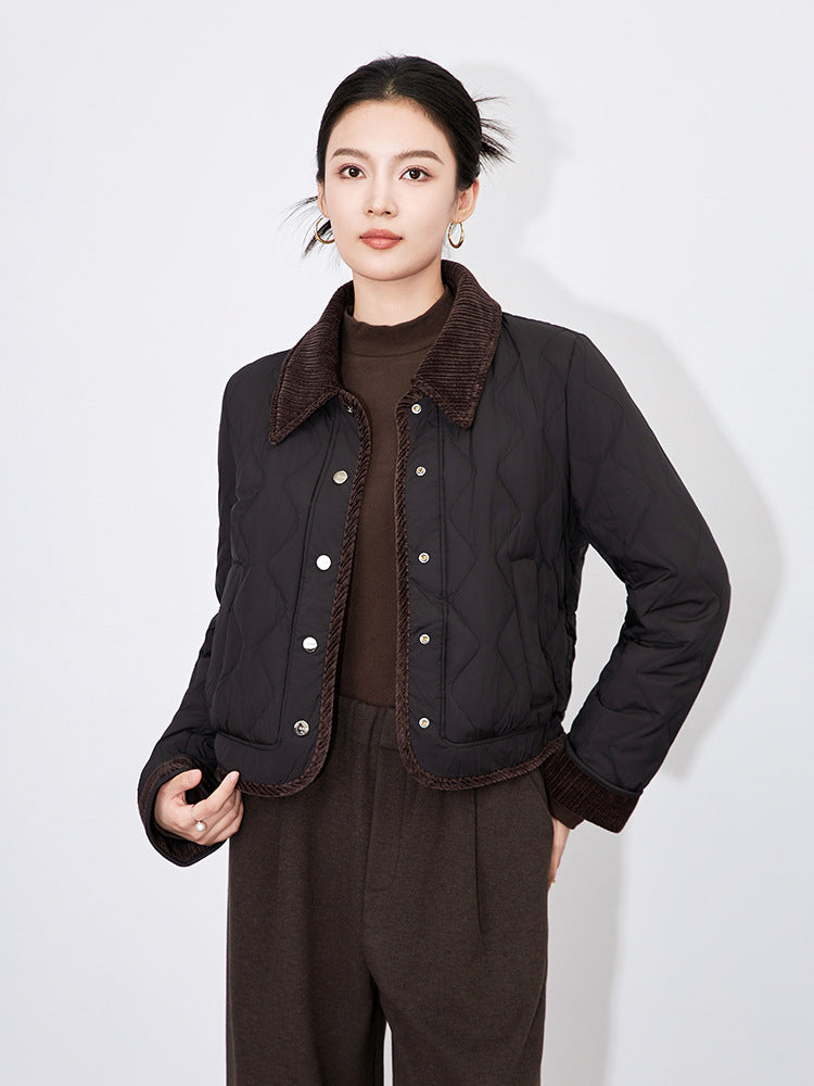 Fashionable Retro Commuter Color Block Collar Thickened Warm Casual Anti-Aging Down Jacket Winter Style High Density Matte Nylon