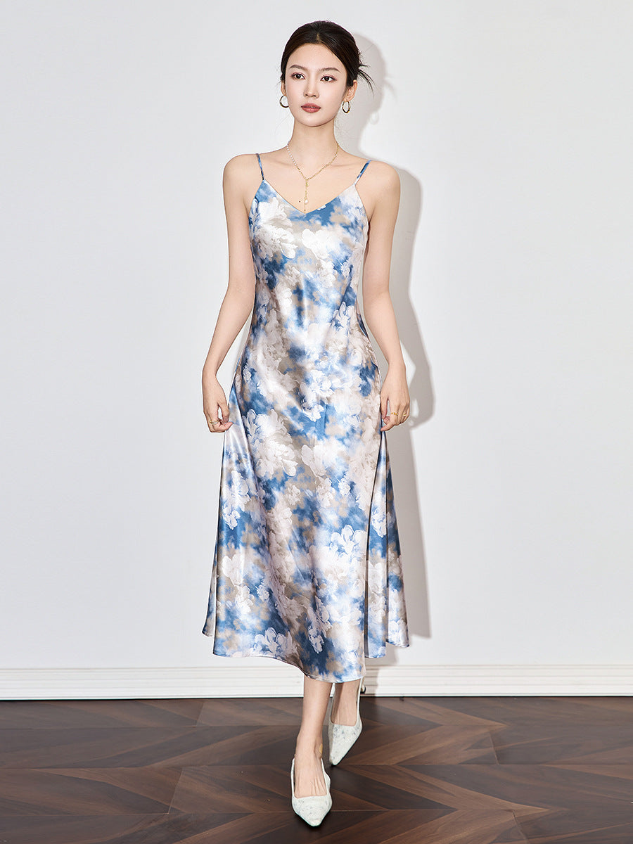 Elegant V-Neck Printed Floral Vintage Slip Dress Female Clothing  Summer New Loose Office Lady Sleeveless Dresses