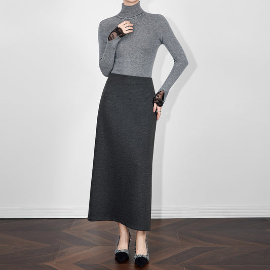 Khaki Woolen High-waisted A- Line Skirt Women's Autumn/winter Slimming Bodycon Skirt Side Slit Sweater Match