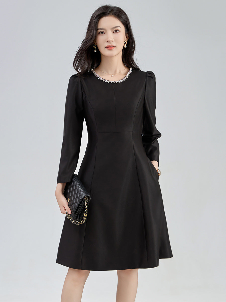 French Elegant Temperament Socialite Diamond Round Neck Long Sleeve High Waist Slim A-line Evening Party Dress for Women Autumn