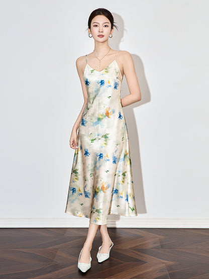 Elegant V-Neck Printed Floral Vintage Slip Dress Female Clothing  Summer New Loose Office Lady Sleeveless Dresses