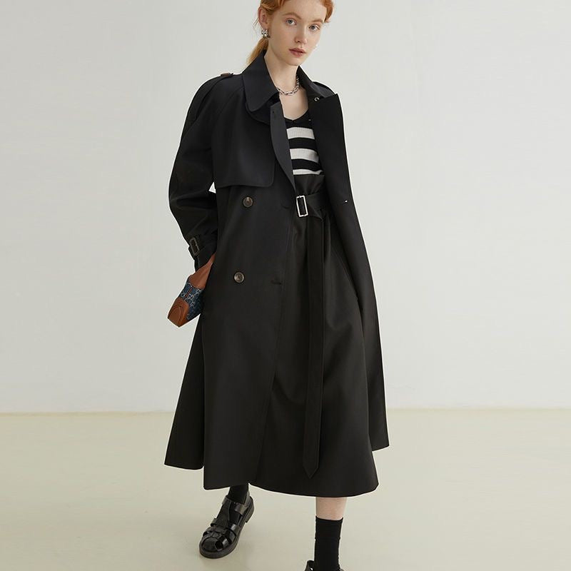 Double Breasted Loose Mid-length Trench Coat Solid Color Commute Fashion Elegant Women's Clothing
