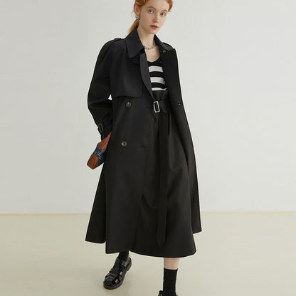 Double Breasted Loose Mid-length Trench Coat Solid Color Commute Fashion Elegant Women's Clothing