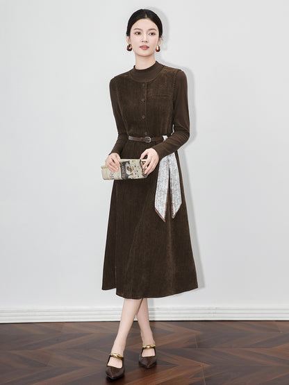 Women's Thickened Precision Spun Silk Knitted Dress Round Neck Base Skirt Butterfly Knot Single Button Design Slimming Effect