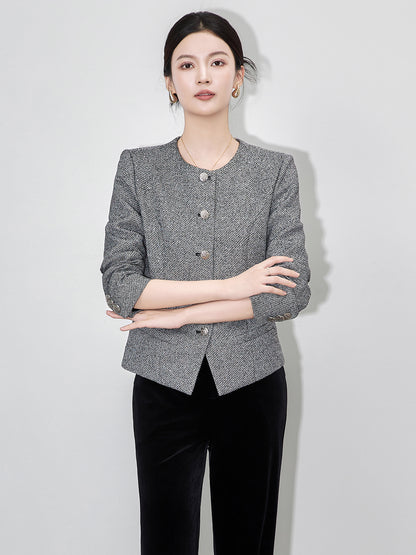 Retro Beadwork Waist-Cinching Round Neck Commute Jacket New Spring Outerwear Elegant Grey Black Long Sleeve Ladies Style