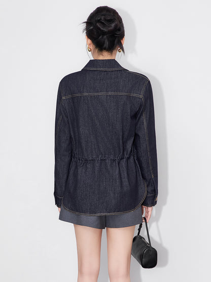 Autumn Black Denim Fabric Single breasted Women's Clothing Jacket Thin Shirt Casual Versatile