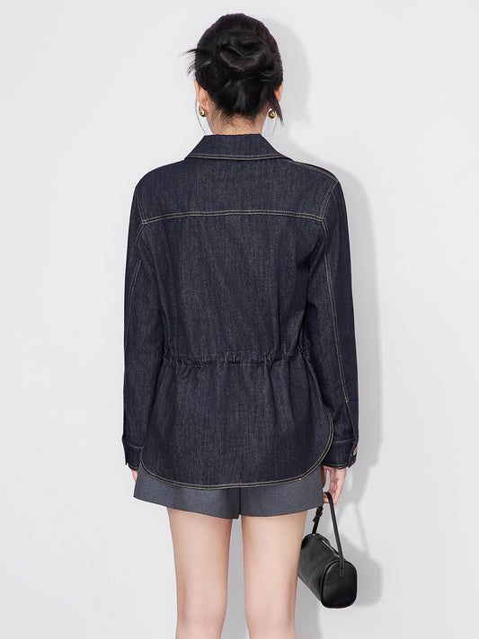 Autumn Black Denim Fabric Single breasted Women's Clothing Jacket Thin Shirt Casual Versatile