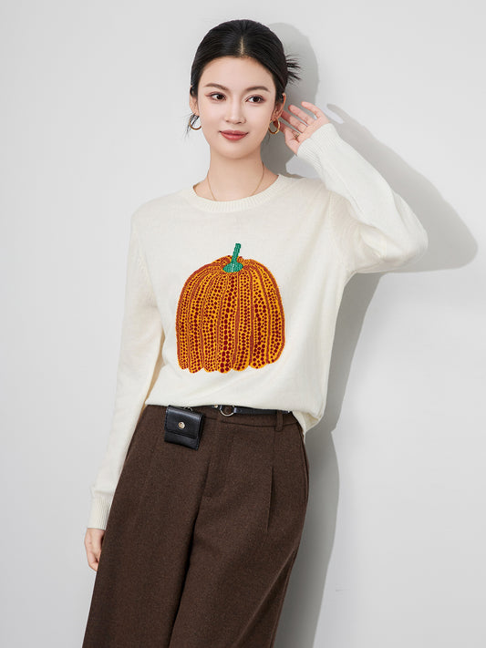 Women's Sweater Fashion Casual Pumpkin Embroidery Long Sleeve Loose Knit Tops Fall Winter