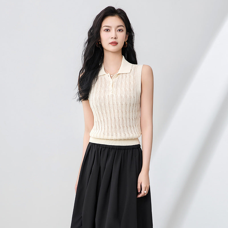 Retro Turquoise Polo Collar Knitted Vest Women's Summer New Style Sleeveless Shoulder Pad Top High-End Feeling Casual Wear