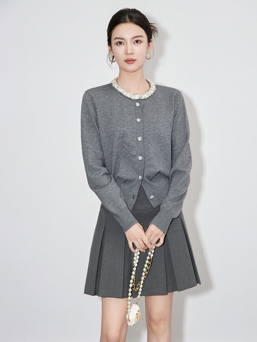 Light Sweet Gray French Age Reduction Bead Sweater Cardigan, No Pilling Knitted Cardigan Top 10% Wool Comfortable