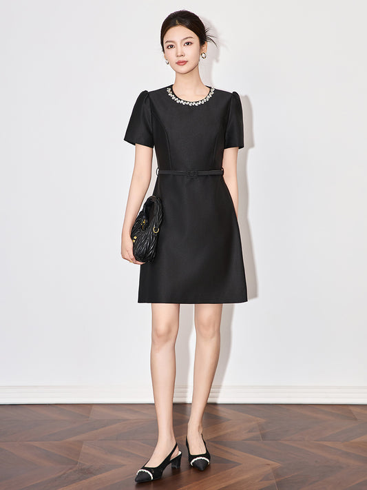 Simple Black Vintage Short Evening Dress Women Clothes New Summer Elegant Pearl O-Neck Slim Mini Party Club Prom Vestidos Fiesta