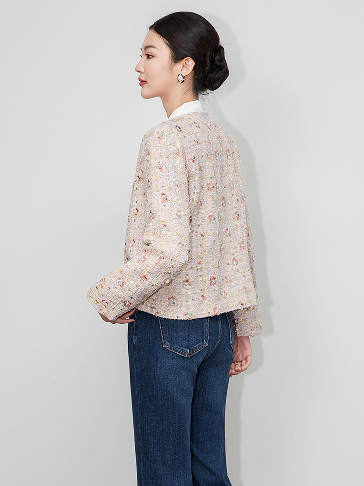Elegant Short Tweed Jacket French Style Gentle Noble Lady's Clothing Polyester Wool Blend Straight Cut Medium Thickness