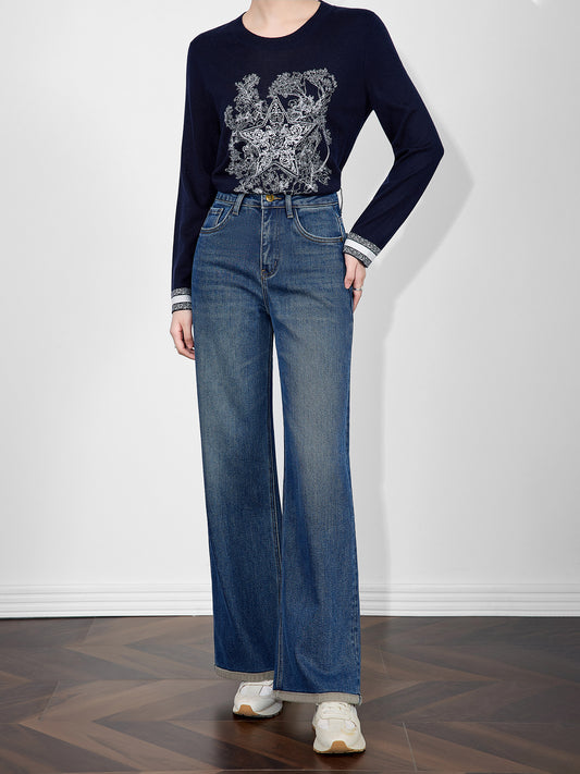 High Waist Wide Leg Loose Fit Vintage Straight Leg Jeans Women's Floor Length Cotton Stretch Denim Pants Taller Slimming