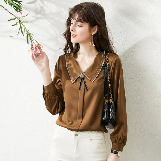 Fashion Commute Peter Pan Collar Blouse Elegant Lace Spliced Spring Solid Color Korean Female Clothing Chic Pearl Beading Shirt   5.0   4 Reviews   ౹   3 Sold ByJeyClub Store (4.9 | 2,000+ Sold )