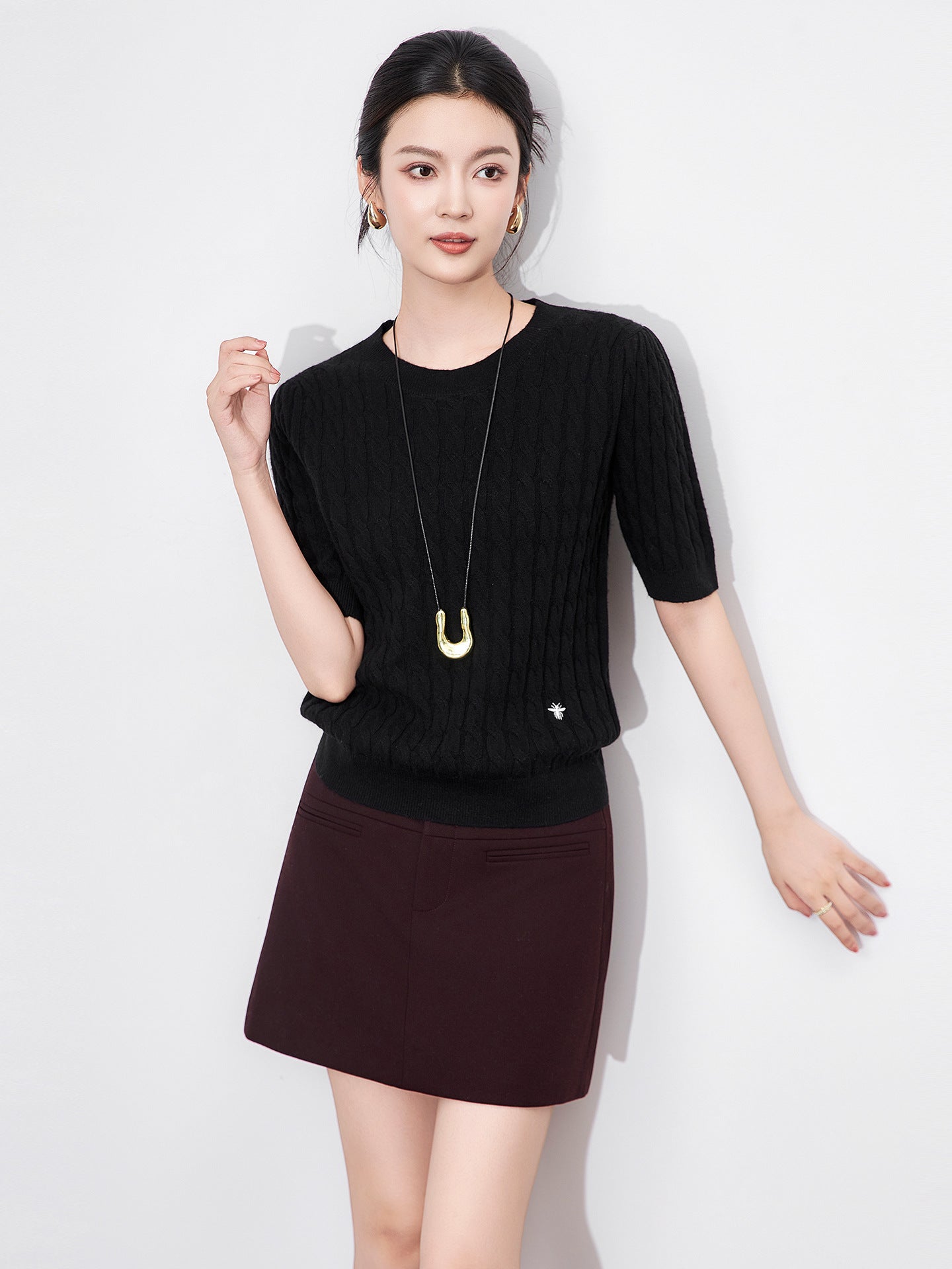 Soft Cashmere Women's Round Neck Solid Color Half Sleeve Autumn Winter New Knitted Twist Mid Sleeve Cashmere Sweater Base Layer