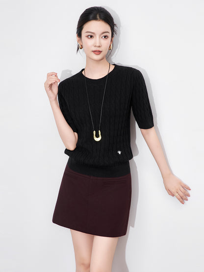 Soft Cashmere Women's Round Neck Solid Color Half Sleeve Autumn Winter New Knitted Twist Mid Sleeve Cashmere Sweater Base Layer