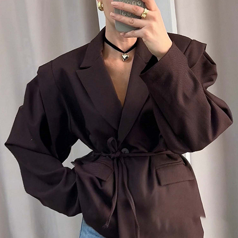 Lace Up Shoulder Pad Blazer Coat Women Elegant Turn-down Collar Long Sleeve Pockets Slim Fit Coats Chic Ladies Outerwear