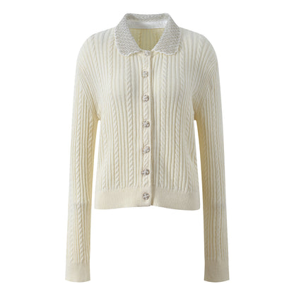 Ele European Sle Knitted Cardigan Women's Long Sve Turn-down Collar Pearl Button Heavy Embroidery Faion Top