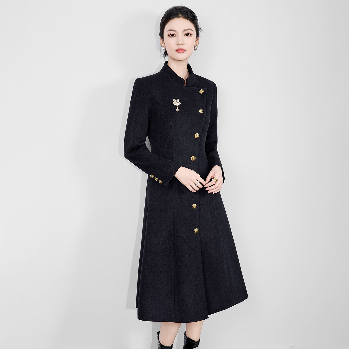 Long Woolen Coat for Railway Female Staff Uniform Workwear Passenger Service Crew round Neck Full Sleeve Solid Color