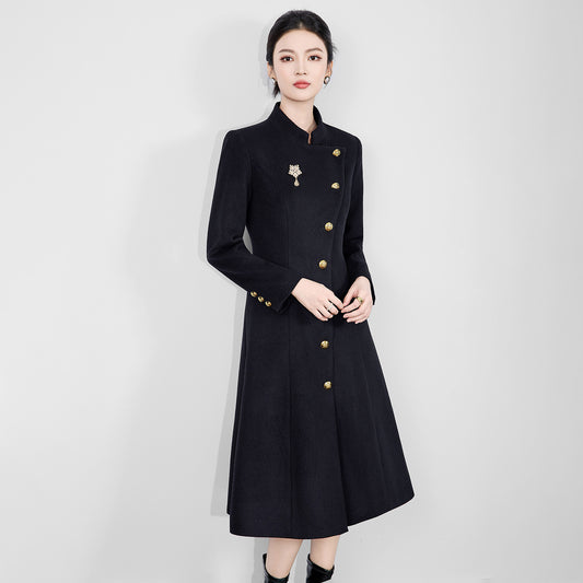 Long Woolen Coat for Railway Female Staff Uniform Workwear Passenger Service Crew round Neck Full Sleeve Solid Color