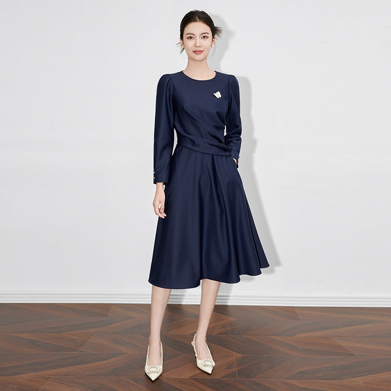 O-neck Mid Dress Spring Women Diamond Long Sleeves Loose Dresses Summer High Waist Pullover Zipper Knee Length Dress