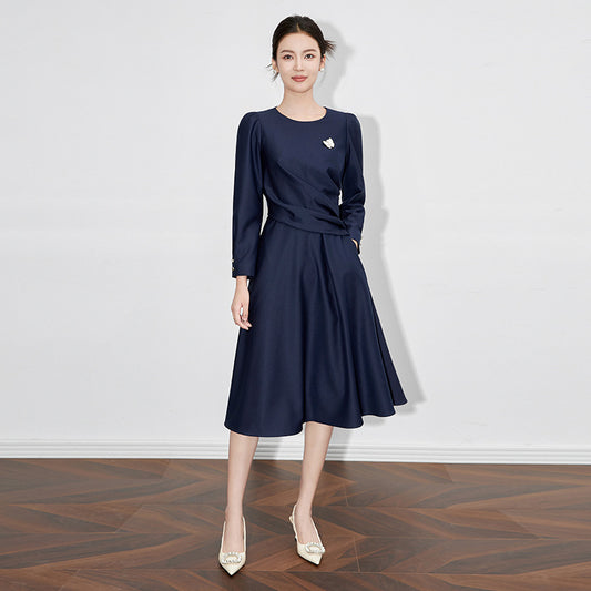 O-neck Mid Dress Spring Women Diamond Long Sleeves Loose Dresses Summer High Waist Pullover Zipper Knee Length Dress