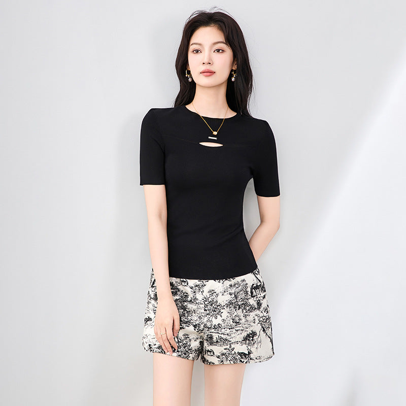 Ice Sensation Hollow Out Design Slim Fit Short Sleeve Knitted Top Round Neck T-Shirt Basic Style Regular Sleeve Length