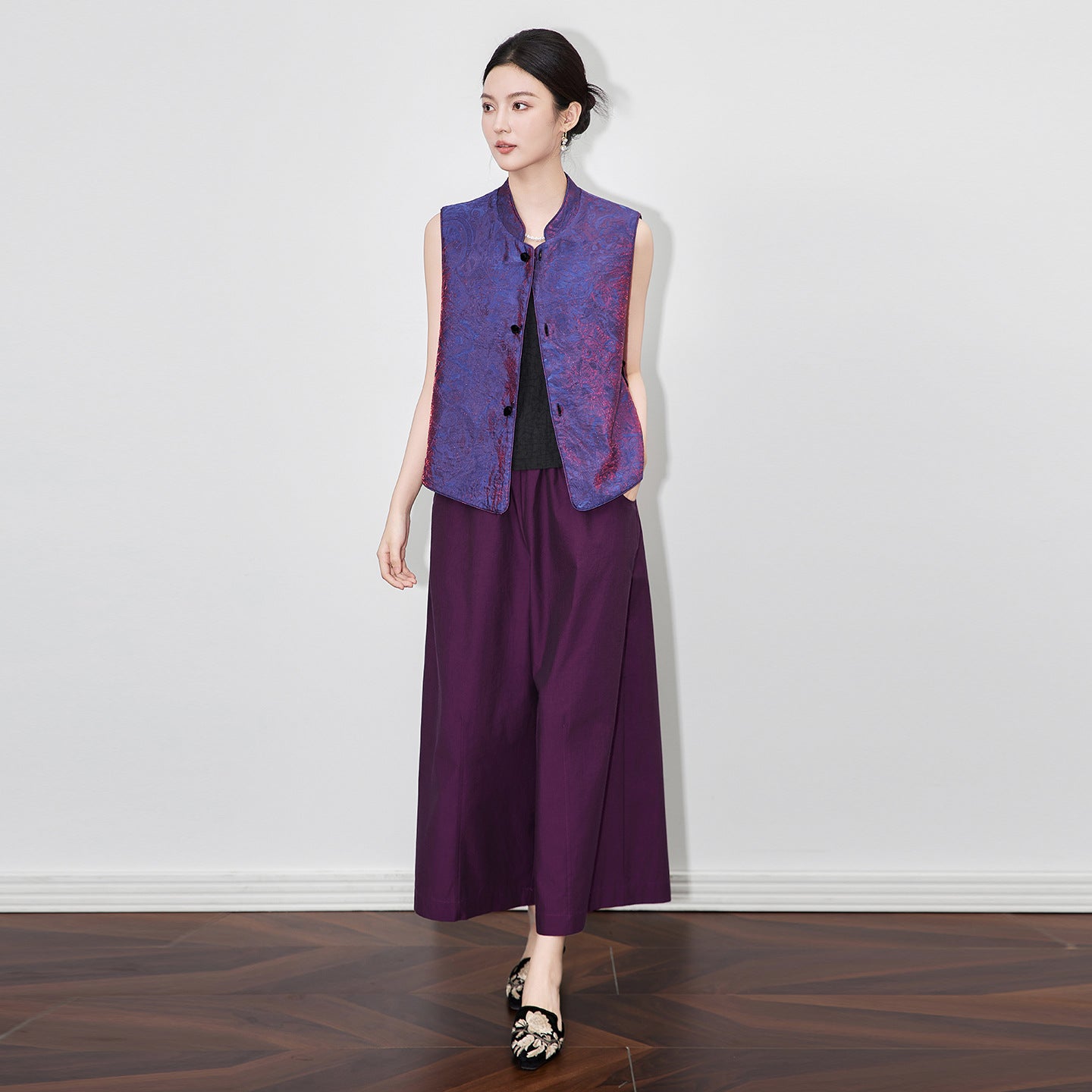 Exquisite Velvet Lining Color Buckle Satin Double Sided Double Wear Fine Workmanship National Trend Silk Cashmere Vest