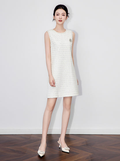 French Elegant Temperament Socialite Tweed Dresses Beaded Sequin Round Neck Sleeveless High Waist Slim A-line Short Dress Women