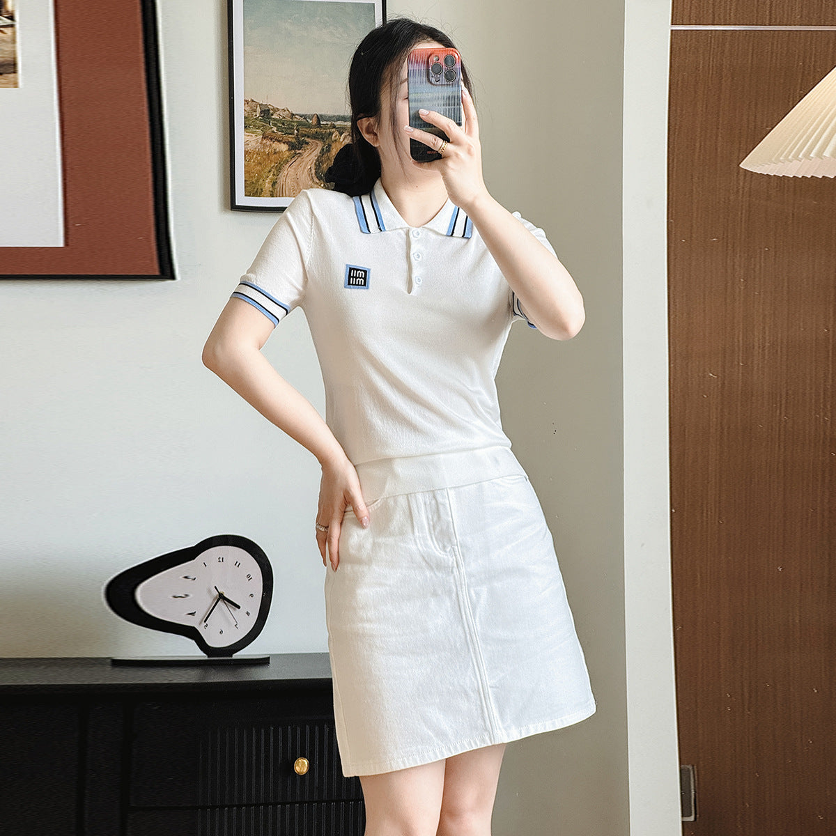 Summer New Loose Fit Short Sleeve Polo Neck Knitted Shirt Thin Style Color Block Women's Base Layer Top Bamboo Rayon Material