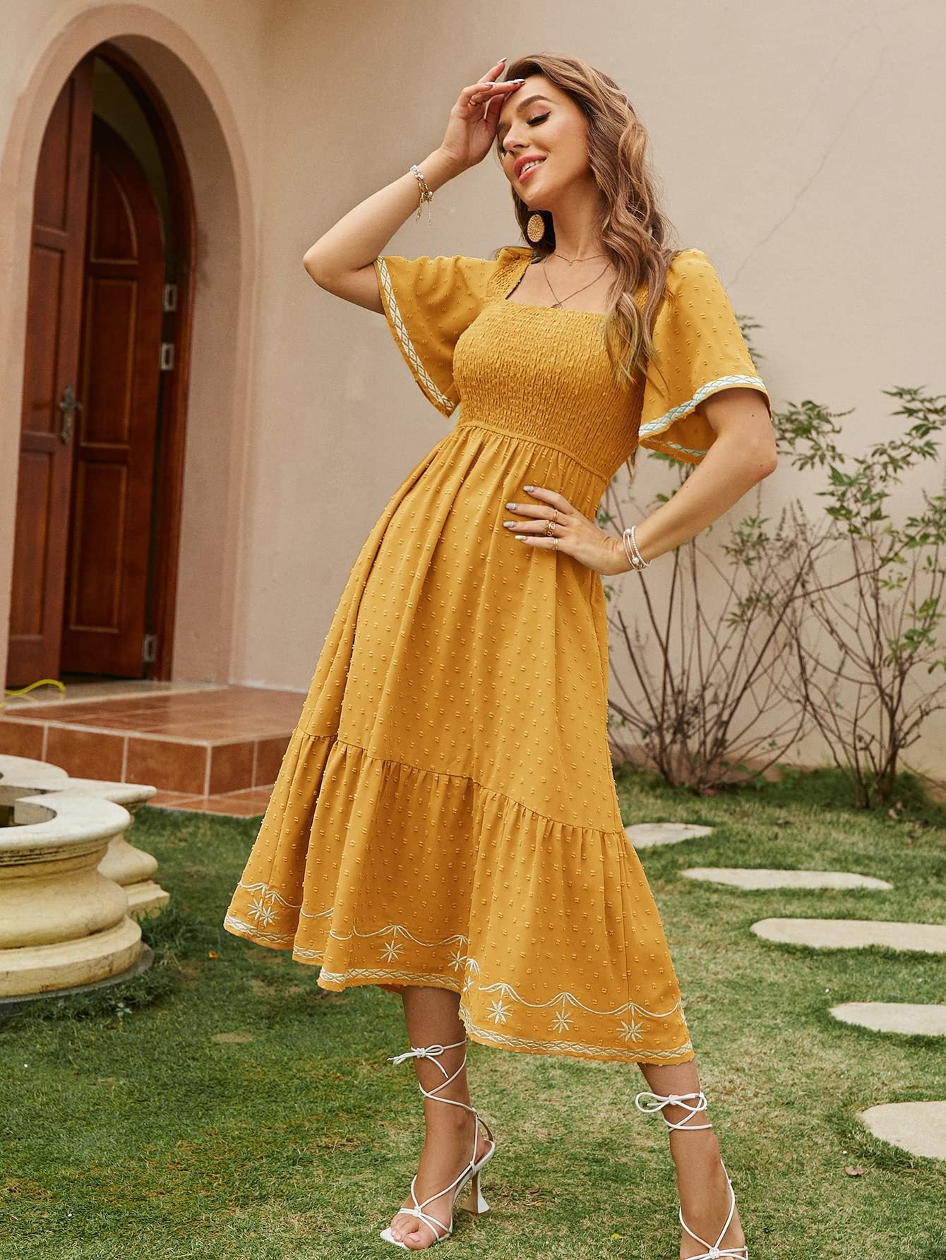 Female Vestidos Sexy Elegant Square Neck A-line Polka Dot Print Puff-sleeved Robe Casual Commuter Beach Street Pastoral Dresses