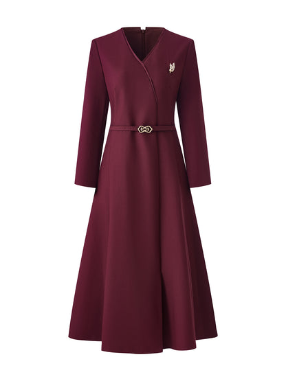 Elegant Commuter Office Lady Business Dresses V-neck Long Sleeve High Waist Belt Slim A-line Elegant Evening Dress