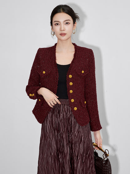 Elegant Fashion Jackets Vintage Coats for Women Autumn Winter Long Sleeve V-neck 30% Wool Tweed Jacket Office Lady Short Coat