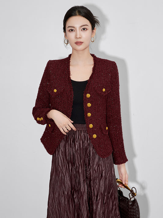 Elegant Fashion Jackets Vintage Coats for Women Autumn Winter Long Sleeve V-neck 30% Wool Tweed Jacket Office Lady Short Coat