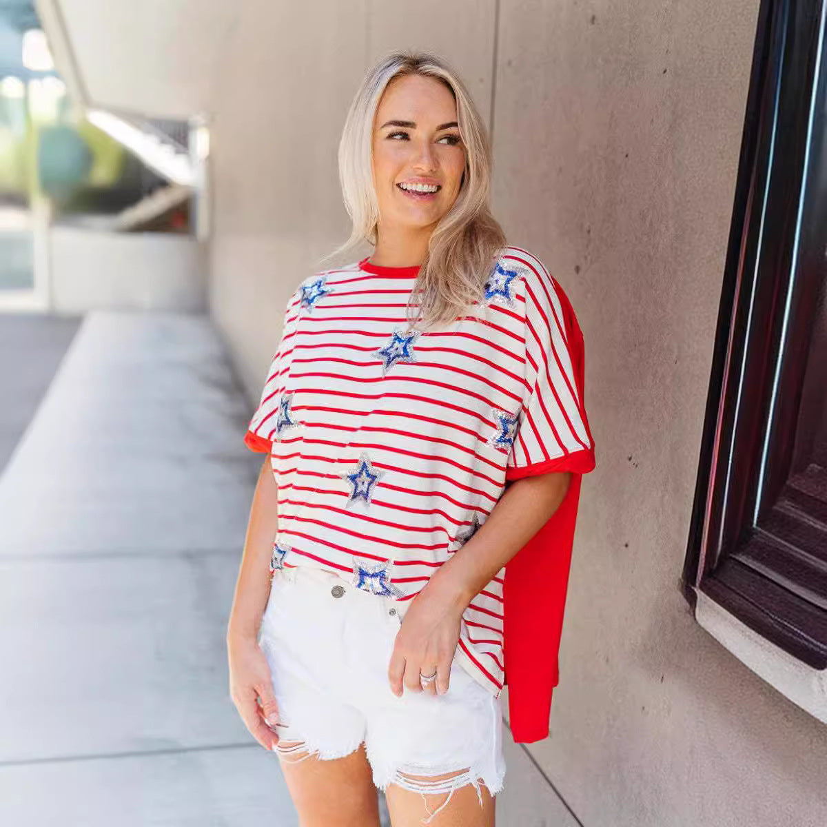 Women s American Flag Print Shirt Fouth of July T-Shirts Summer Casual Loose Patriotic Tee Basic Tops
