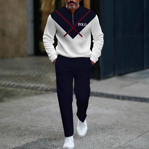 Mens Half Open Placket Zip Pullover Casual Fashion Long Sleeve Pants Set
