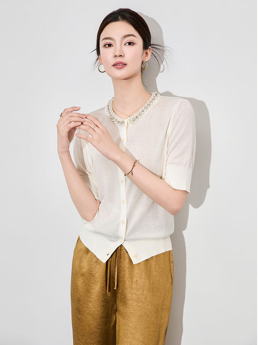 Elegant French Style Short Sleeve round Neck Knitted Open Cardigan Women's Summer New Fashion Top Heavy Embellishment Casual...