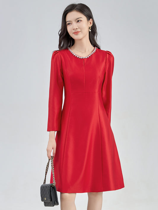 French Elegant Temperament Socialite Diamond Round Neck Long Sleeve High Waist Slim A-line Evening Party Dress for Women Autumn