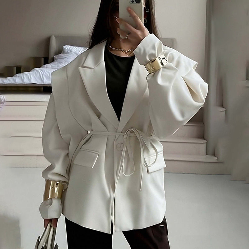 Lace Up Shoulder Pad Blazer Coat Women Elegant Turn-down Collar Long Sleeve Pockets Slim Fit Coats Chic Ladies Outerwear
